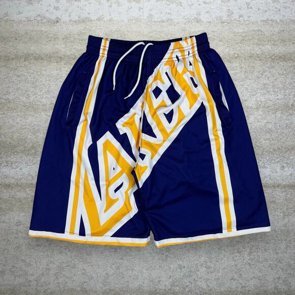 Lakers Basketball Shorts Hardwood Classics Front Spellout Logo 9" Inseam